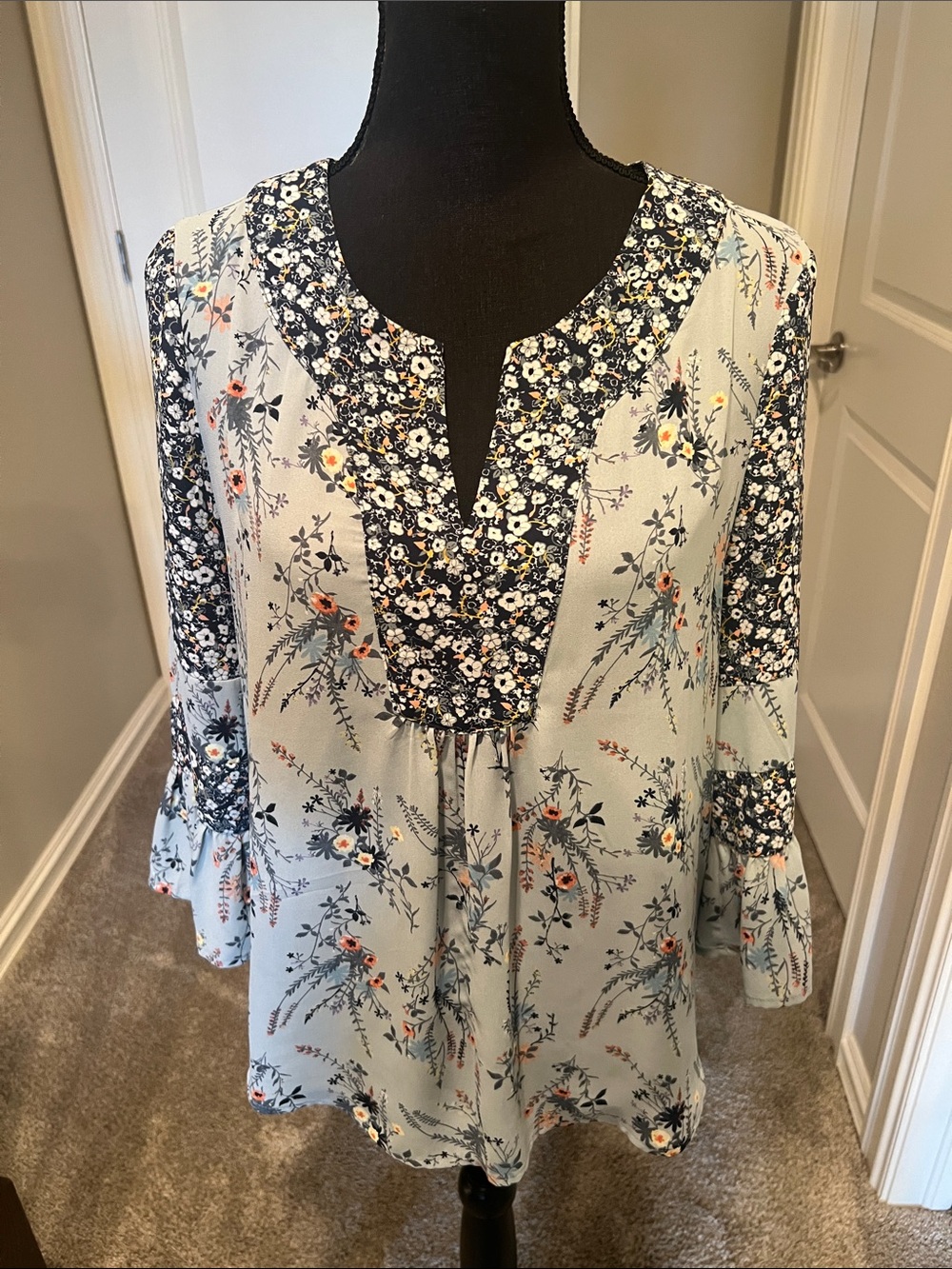 DR2 Pale Blue Floral Tunic with Navy Floral Trim